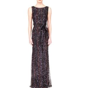 Badgley Mischka Shimmering Stripe Sequin Gown Black Multi Women's Size 8 NWT